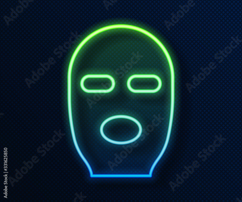 Glowing neon line Thief mask icon isolated on blue background. Bandit mask, criminal man. Vector Illustration