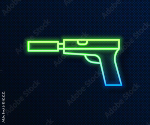 Glowing neon line Pistol or gun with silencer icon isolated on blue background. Vector Illustration