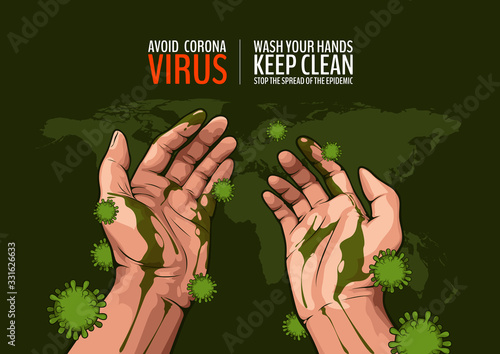 Coronavirus disease, Picture of dirty hands with germs, vector illustration.