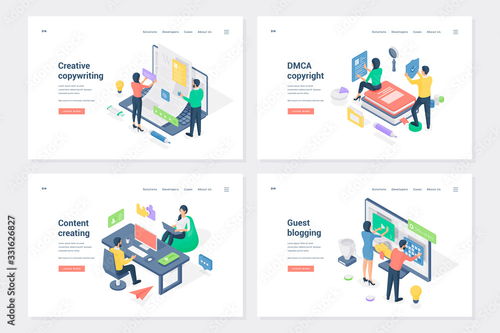 Social media business promotion isometric landing page templates set