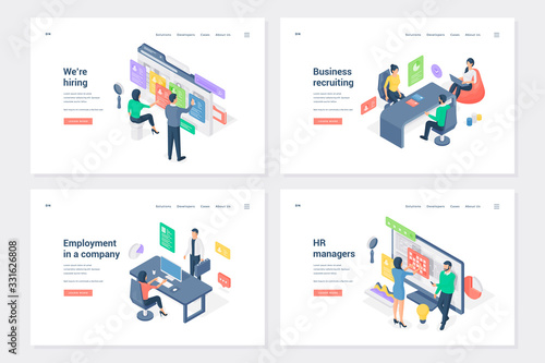 Staff search and placement isometric landing page templates set