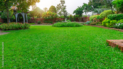 English cottage garden, flowering plant on smooth green grass lawn and group of evergreen trees in good care maintenance landscaping of a public park under white sky and sunshine morning