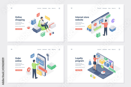 Internet purchase benefits isometric landing page templates set