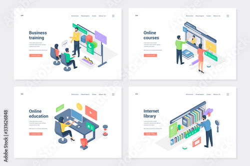 Learning, work skills improving isometric landing page templates set