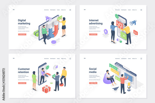 Business promotion isometric landing page templates set