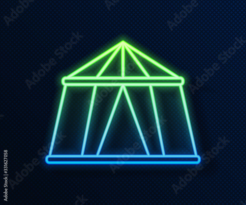 Glowing neon line Circus tent icon isolated on blue background. Carnival camping tent. Amusement park. Vector Illustration