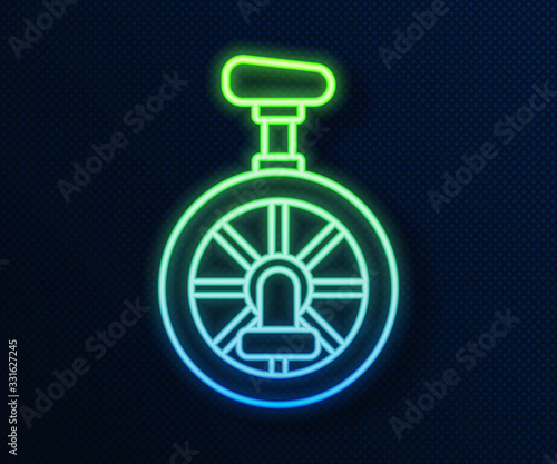 Glowing neon line Unicycle or one wheel bicycle icon isolated on blue background. Monowheel bicycle. Vector Illustration