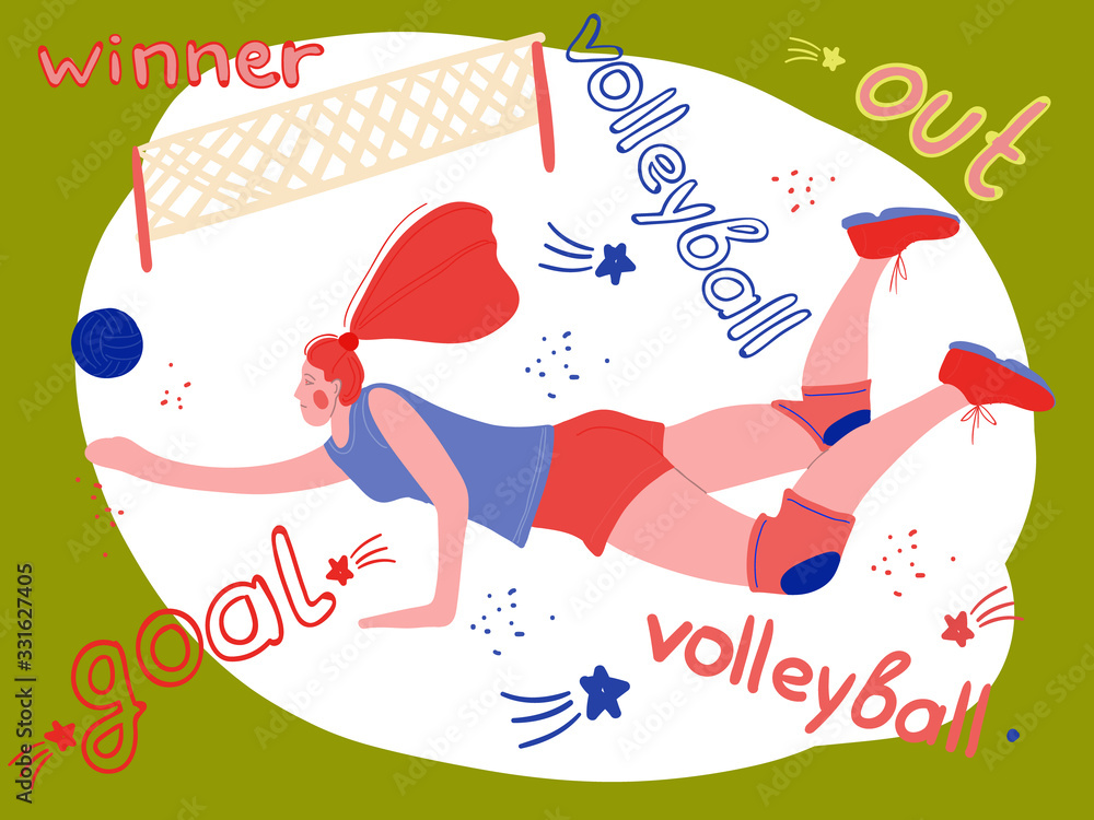 Athletic girl playing volleyball. Cartoon drawing drawn by hand
