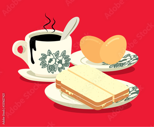 Breakfast set. Traditional oriental style coffee, half boiled eggs and kaya butter toast set on red colour background. Vintage Nanyang style coffee cup and plate. Translation: Coconut jam- flat art
