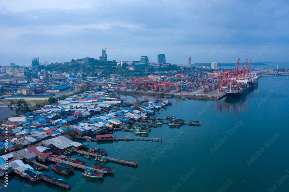 Sihanoukville, Cambodia - March 15, 2020: Ariel view of container terminal of Sihanoukville Autonomous Port.