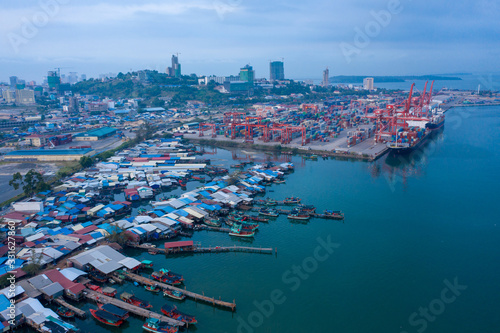 Sihanoukville, Cambodia - March 15, 2020: Ariel view of container terminal of Sihanoukville Autonomous Port. photo