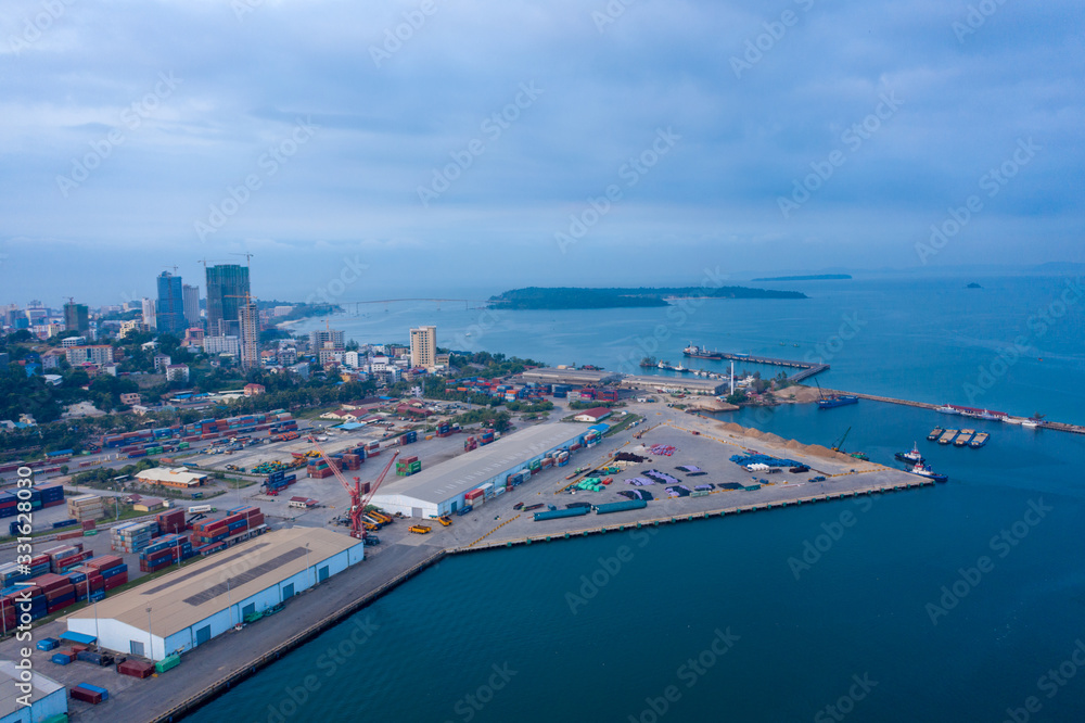 Sihanoukville, Cambodia - March 15, 2020: Ariel view of container terminal of Sihanoukville Autonomous Port.