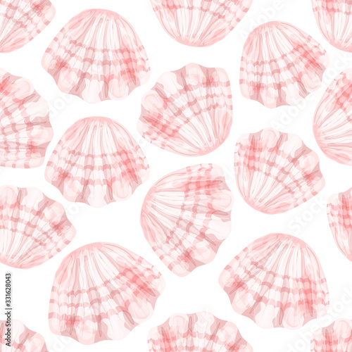 Pink shells on a white background. Seamless pattern. Vector illustration made in watercolor style.