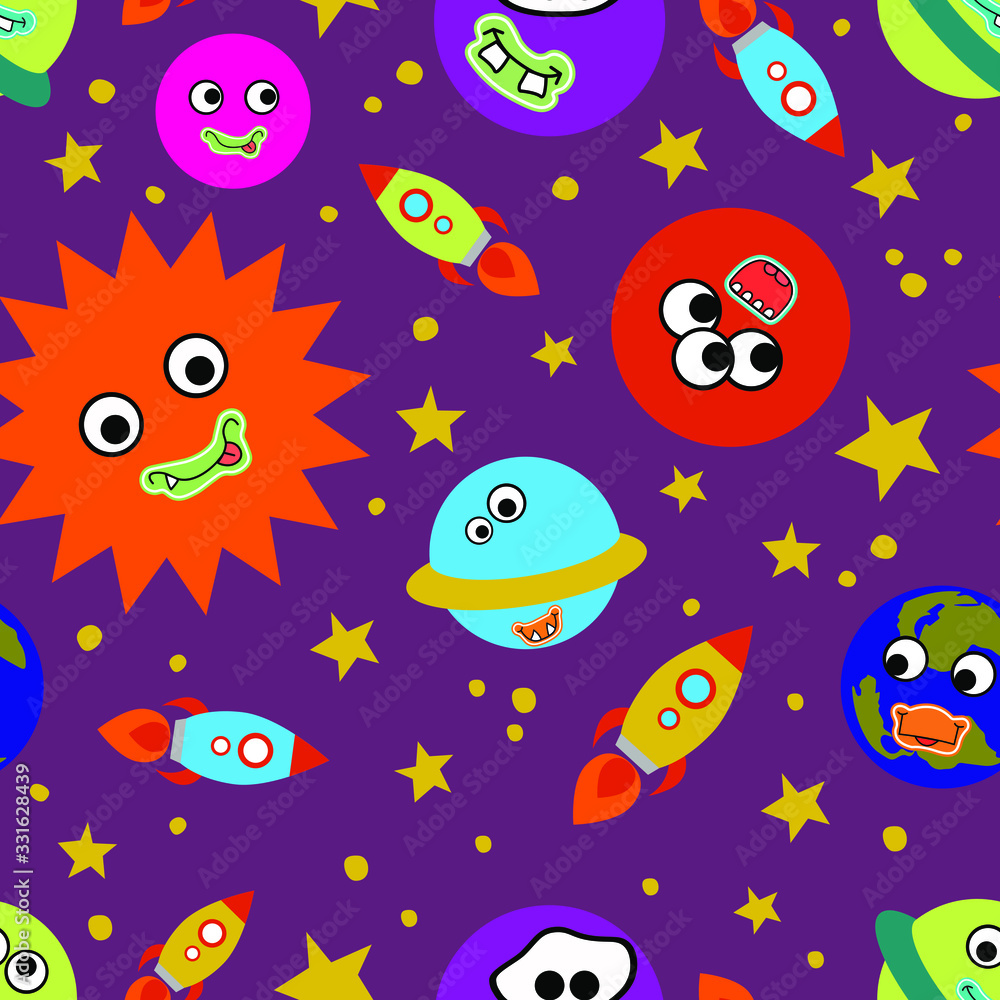 Childish seamless pattern with funny planets. Sun, Uranus, Mars, Earth, Mercury, Saturn, Venus, Jupiter, rockets, stars. For packaging design, wallpaper, textiles, clothes.