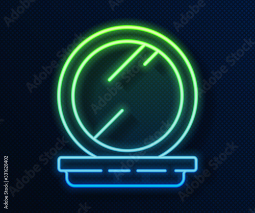 Glowing neon line Makeup powder with mirror icon isolated on blue background. 8 March. International Happy Women Day. Vector Illustration