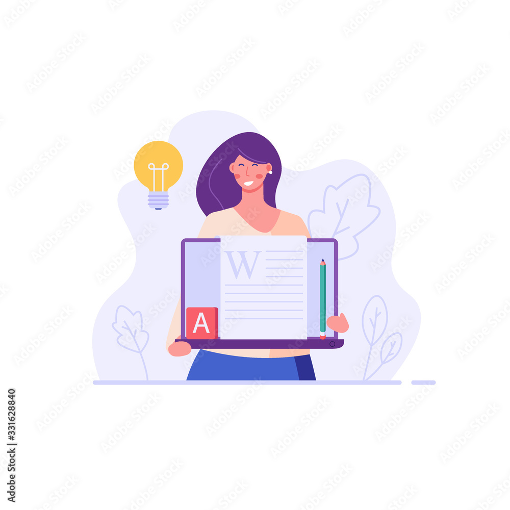 Successful woman with a laptop writing or editing a text. Concept of copywriting, journalism, writing, copyright idea. Vector illustration in flat design. Successful woman with a laptop writing or editing a text. Concept of copywriting, journalism, writing, copyright idea. Vector illustration in flat design.