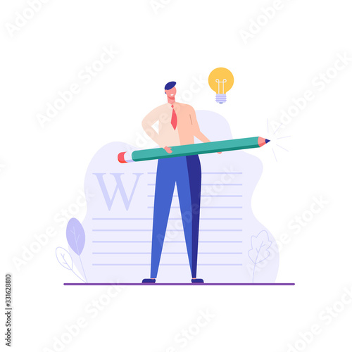 Successful man with a pencil writing or editing a text. Concept of copywriting, journalism, writing, copyright idea. Vector illustration in flat design.