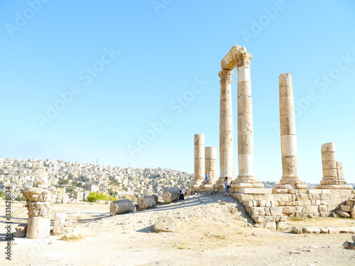 ruins of ancient Hercules temple on top citadel hill (Jebel el Qala'a) in Amman, kingdom Jordan, Middle East