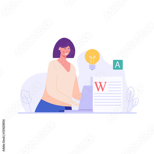Successful woman with a laptop writing or editing a text. Concept of copywriting, journalism, writing, copyright idea. Vector illustration in flat design.