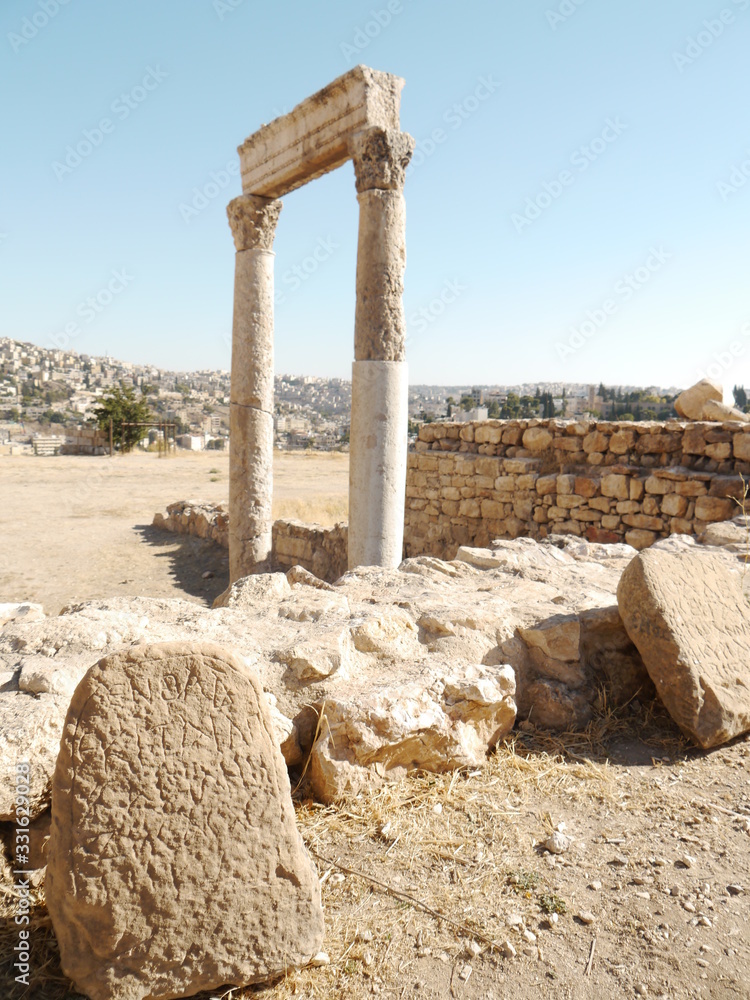 inscriptions near the ruins of  ancient Hercules temple on top citadel hill (Jebel el Qala'a) in Amman, kingdom Jordan, Middle East