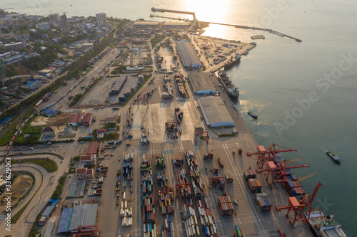 Sihanoukville, Cambodia - March 15, 2020: Ariel view of container terminal of Sihanoukville Autonomous Port. photo