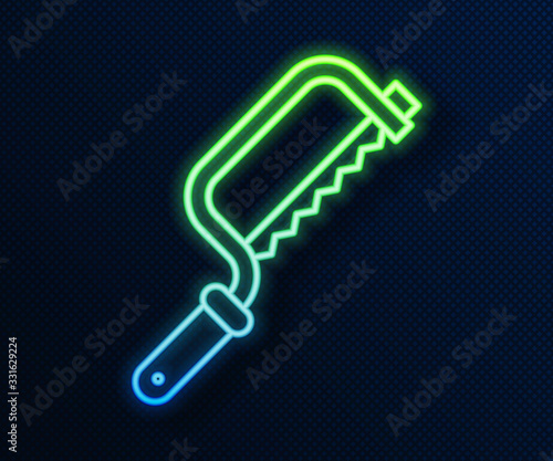 Glowing neon line Hacksaw icon isolated on blue background. Metal saw for wood and metal. Vector Illustration