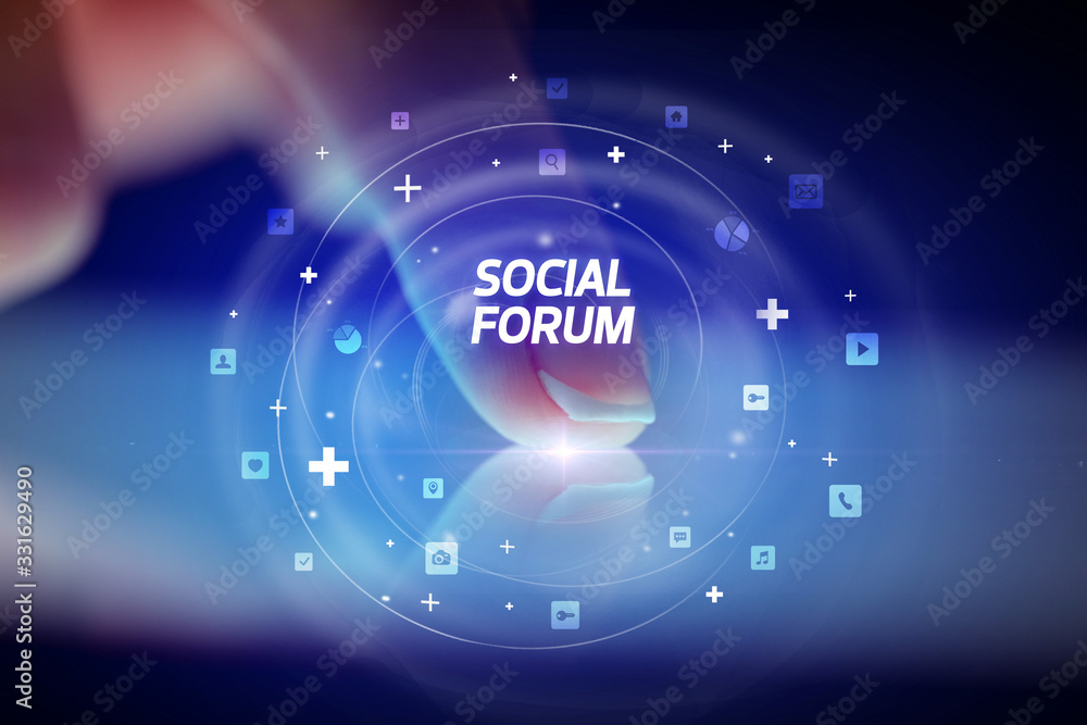 Finger touching tablet with social media icons and SOCIAL FORUM