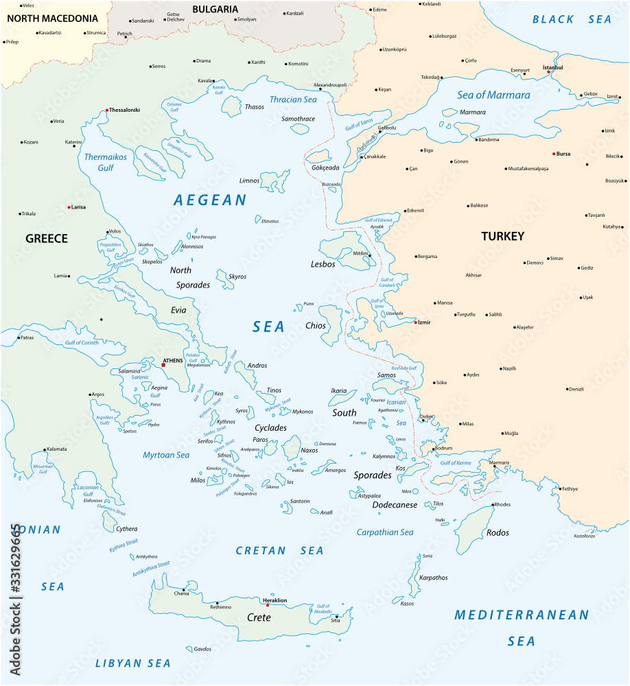 Map of the Aegean Sea, part of the Mediterranean between Greece and Turkey