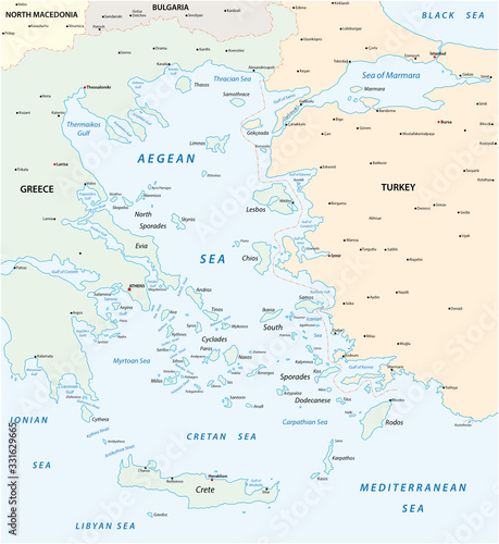 Map of the Aegean Sea, part of the Mediterranean between Greece and Turkey