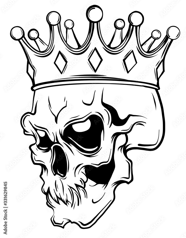 Hand drawn king skull wearing crown. Vector illustration Stock Vector