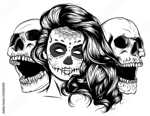 A single color vector illustration of a beautiful woman with a screaming skull photo