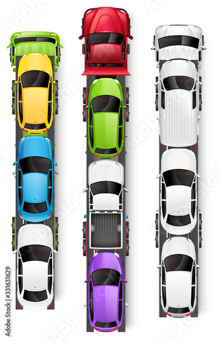 Car transporter trucks top view vector illustration