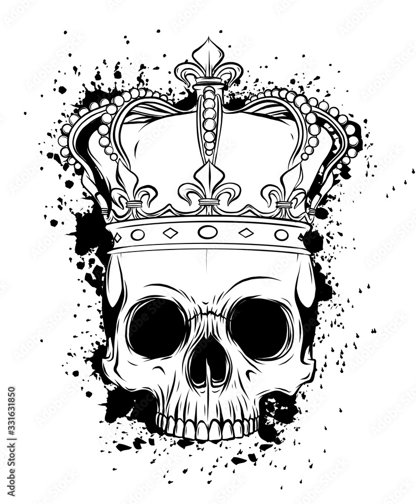 Hand drawn king skull wearing crown. Vector illustration Stock Vector