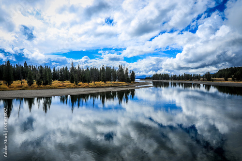 Majestic Landscape of the Trees and Lake in Yellowstone National Park, USA