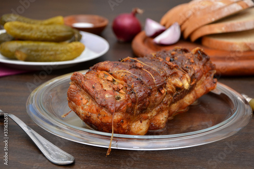 a piece of baked meat on a plate