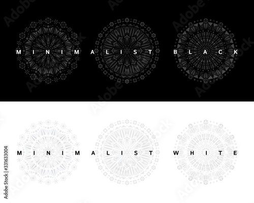 Minimalist, minimal black and white radial vector decorations set, gothic mandala collection. Stained glass ornamentation, circle shape. Round frame template. Text background, print design elements. 