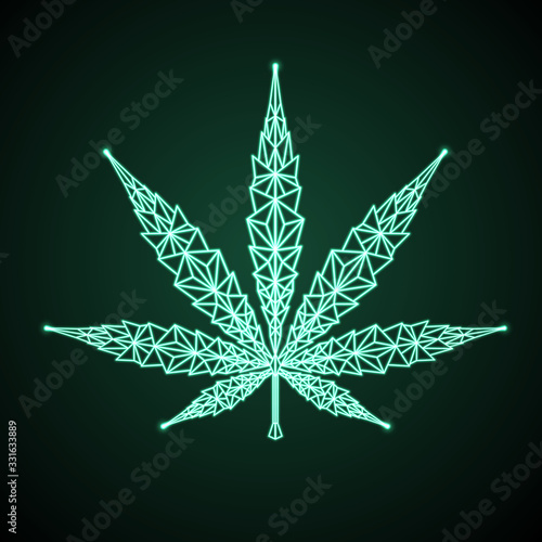 Neon Cannabis leaf geomertic sign. Helm icon design. Business logo design