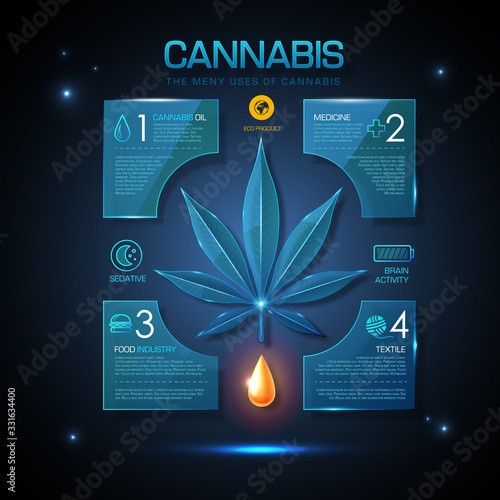 Glass transparent medical Cannabis leaf silhouette on darck blue abstract technology background. Helm icon design. Many uses of cannabis. Infographic