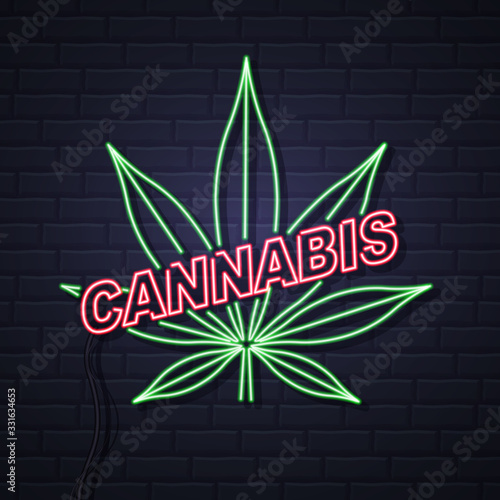 Neon Cannabis leaf sign on brick wall background. Helm icon design.