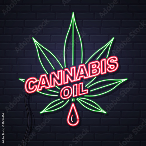 Neon Cannabis oil and leaf sign on brick wall background. Helm icon design.