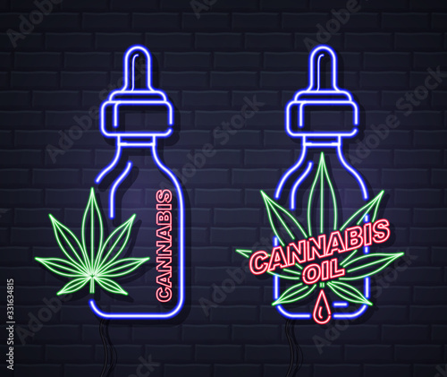 Neon Cannabis oil bottle and leaf sign on brick wall background. Helm icon design.
