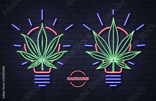 Neon Cannabis leaf sign on brick wall background. Helm icon design.
