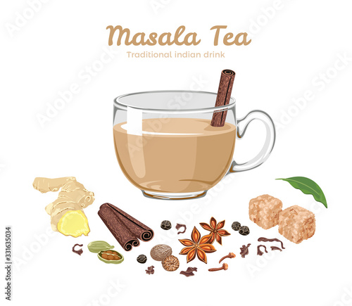 Masala tea in glass cup Isolated on white. Spices for Indian drink. Vector Cartoon flat illustration of cinnamon stick, anise stars, cloves, peas, bay leaf, ginger, cardamom, nutmeg, black tea. 