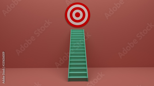 Longest light ladder glowing and aiming high to goal target among other short ladders on green background with shadows . 3D rendering.Stand out from the crowd and think different creative idea concept