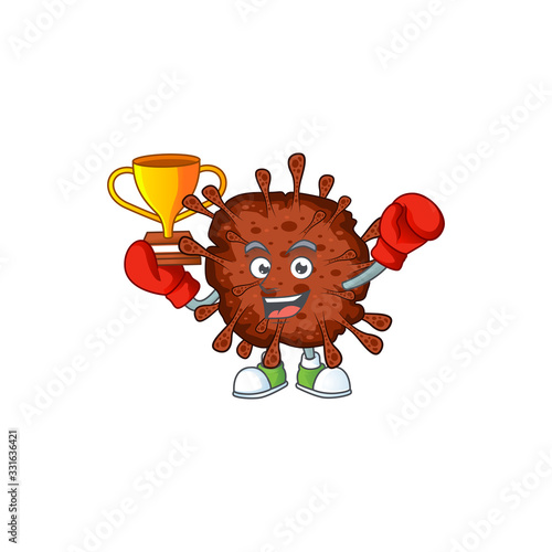 Happy face of boxing winner infection coronavirus in mascot design style