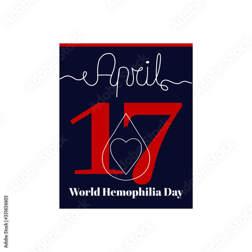 Calendar sheet, vector illustration on the theme of World Hemophilia Day. April 17. Decorated with a handwritten inscription - APRIL and stylized linear blood drop with heart.
