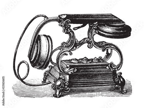 Old antique telephone / vintage illustration from Brockhaus Konversations-Lexikon 1908