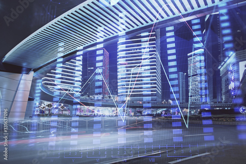 Fototapeta Naklejka Na Ścianę i Meble -  Forex chart on cityscape with tall buildings background multi exposure. Financial research concept.
