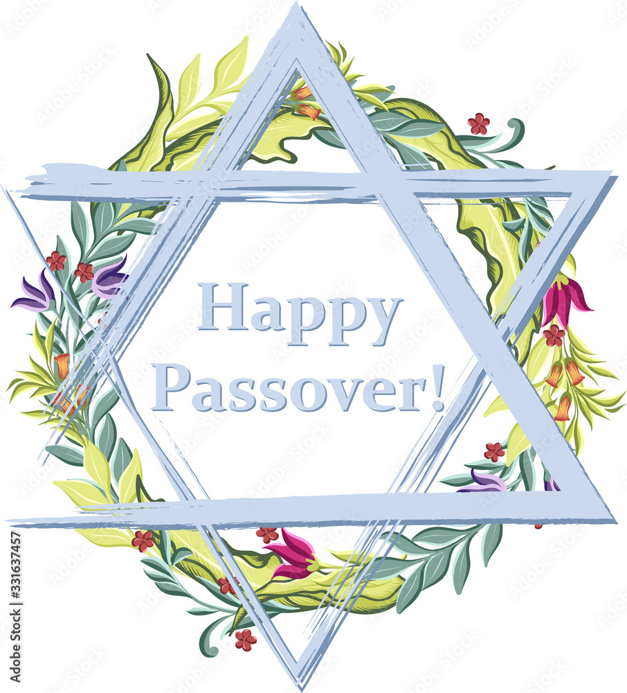 Greeting card with floral frame, Happy Passover jewish lettering and ...