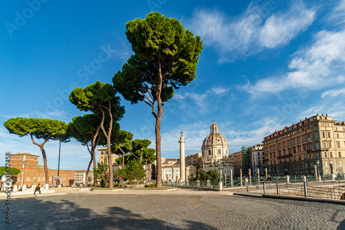 Excavated Forum of Cesari in Rome, Italy with Trajan's Column and the Church of Santa Maria di Loreto in background.